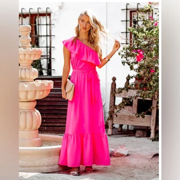 open lace back dress Serene Summer One Shoulder Maxi Dress in Pink